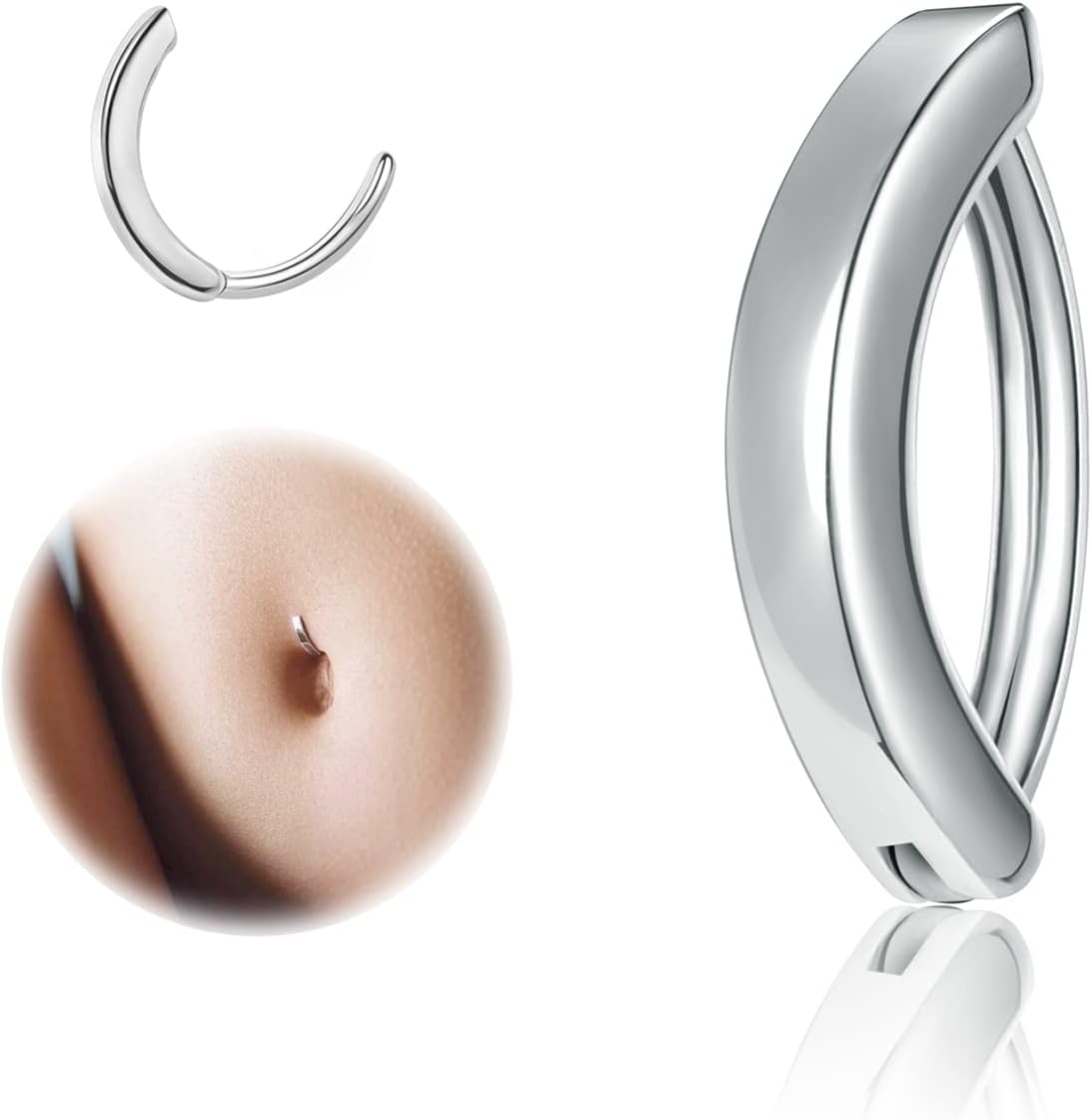 14G Clicker Belly Button Rings for Women, 925 Sterling Silver Belly Barbell Piercing Gold Reverse Curved Navel Barbell Body Jewelry