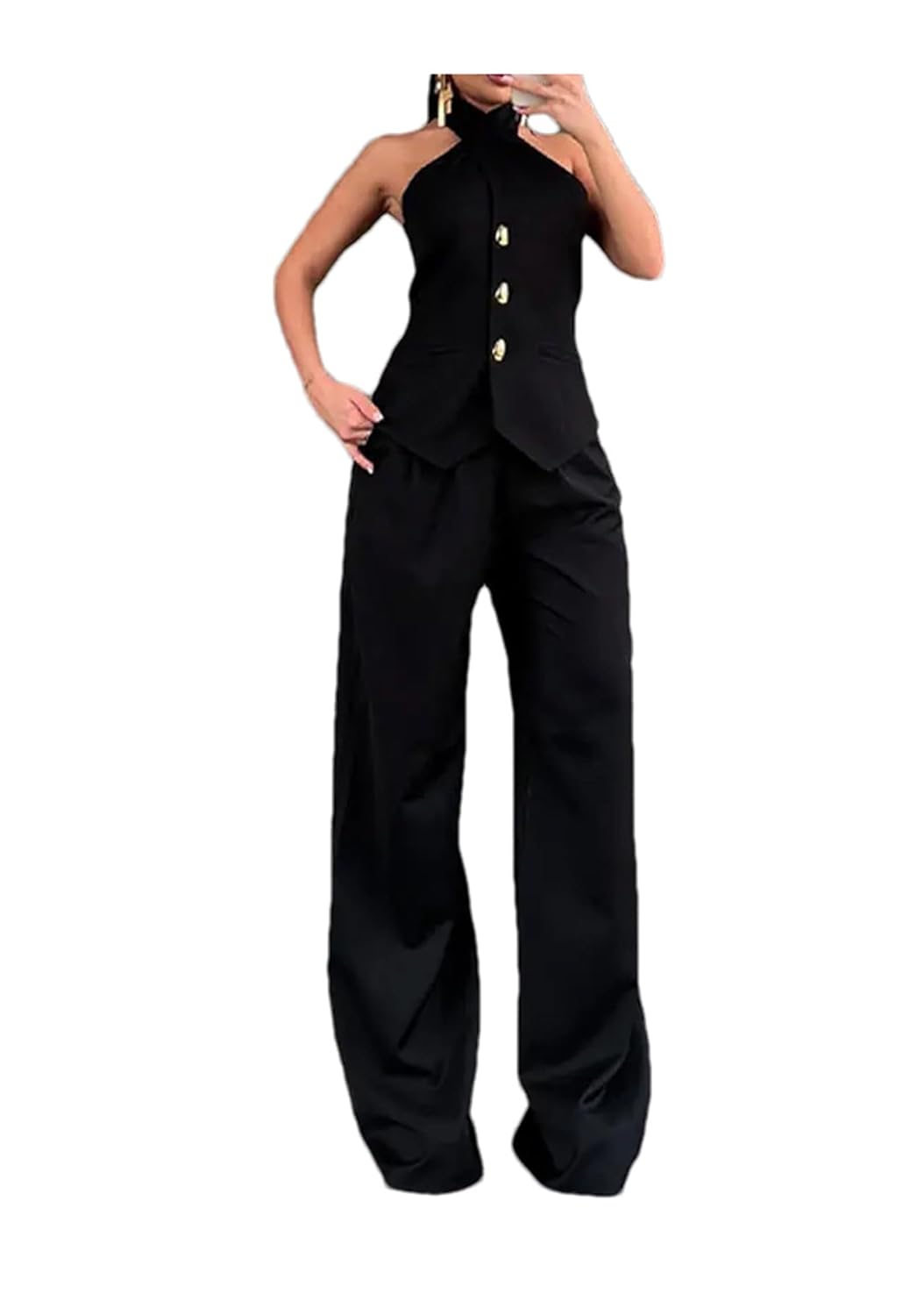 Women Two Piece Outfits Single Breasted Sleeveless Slim Vests Top High Waist Wide Leg Pants Casual Set