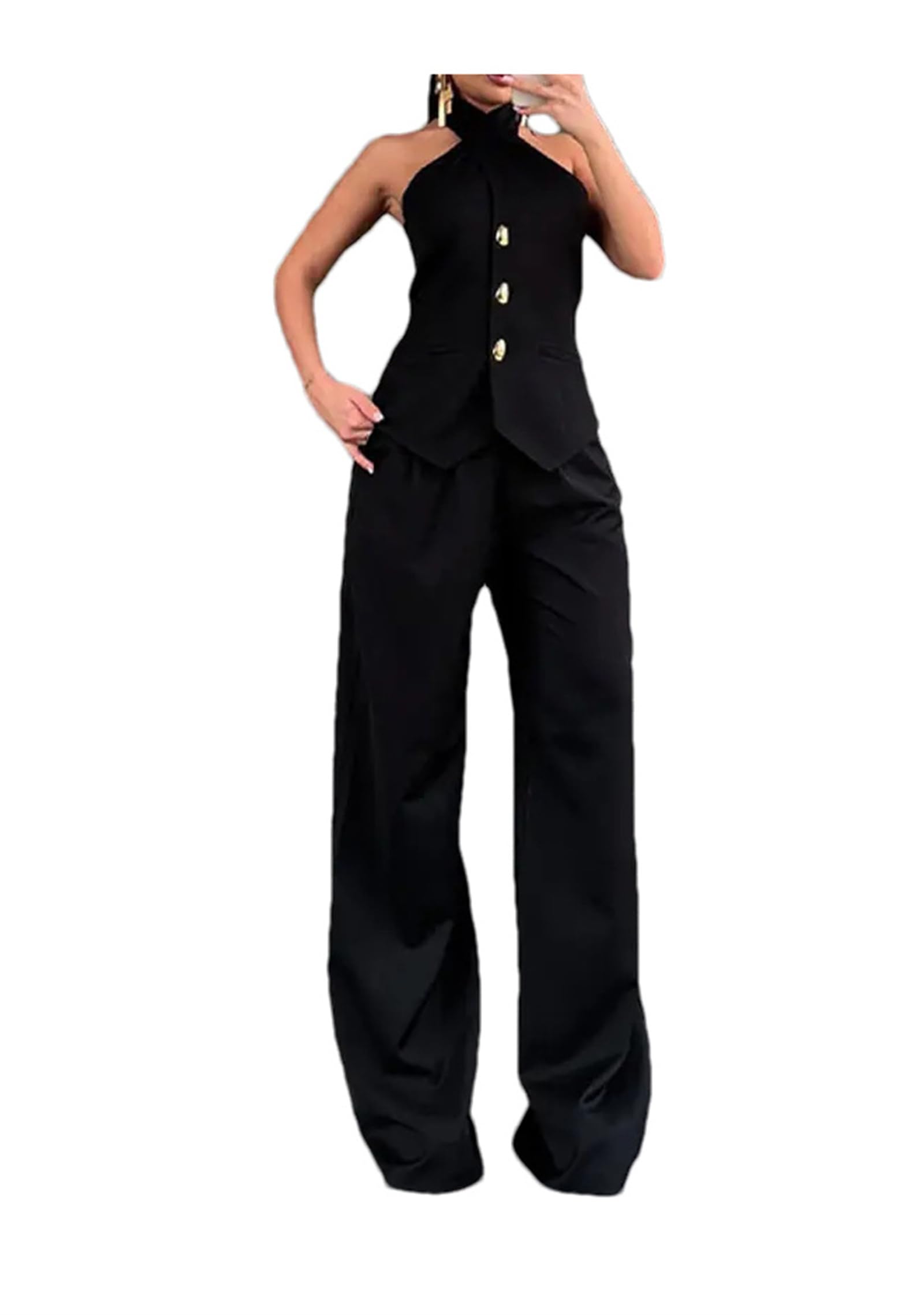 Women Two Piece Outfits Single Breasted Sleeveless Slim Vests Top High Waist Wide Leg Pants Casual Set