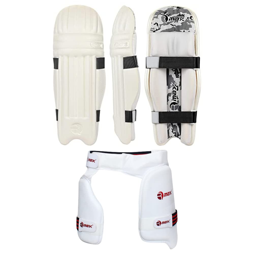 RMAX EVA and Cotton Cricket Batting Leg Guard Pad & Lower Body Protector Thigh Guard Full Size, Light Weight Batting Leg Guards/Thigh Senior/Men's/Teen's/Adult Size (White + Thigh)