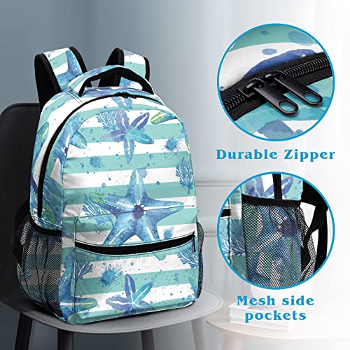 Dacawin Kids School Backpack Blue Starfish Striped Bookbag Ocean Theme School Back Pack Lightweight Travel Backpacks For Students Teens Girls Boys #TOP2