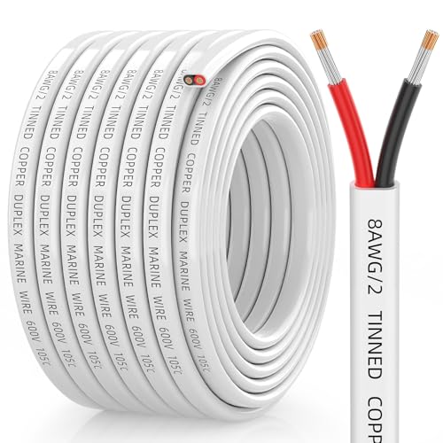 CONEPY 8 Gauge Marine Wire 8/2 Duplex Marine Grade Cable IP68 Waterproof/Oxygen-Free Tinned Copper Stranded PVC 8 AWG Wire for Boat Automotive RV Solar LED Strips (30FT)