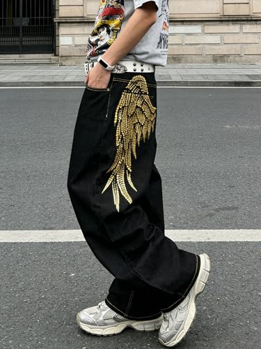 Mrmall Jeans for Men Baggy Jean Loose Fit Denim Trousers Skater Jeans Y2k Clothing 83223 Black Gold L