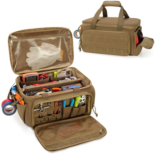 Rexmica 14-Inch Tool Bag, Khaki, Tactical Bag, Electrician Tool Bag, Multi-purpose Work Tote Bag for Repairman, Carpenters, Handyman