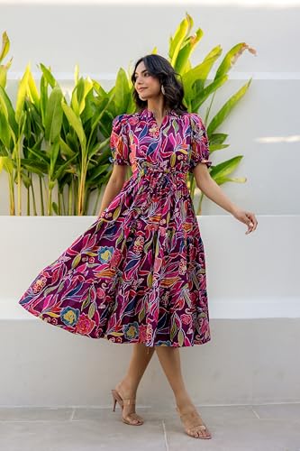Image of LABEL ADRIJA Pure Cotton Calf Length Midi Dress for Women Floral Print | Flared Anarkali Dress Puff Sleeves