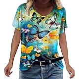 Bblulu Womens Cute Tops Butterfly Print V-Neck T-Shirts Casual Short Sleeve Tee Tops Soft Fashion Shirt for Summer Casual (Yellow-B, XL)