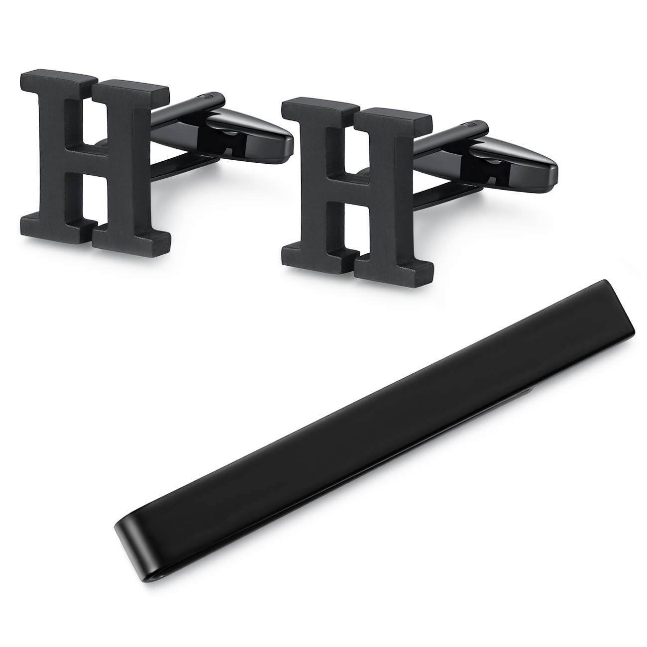 HONEY BEARInitial Letter Alphabet Cufflinks & Tie Clips Set – Stainless Steel for Men's Business Wedding Shirt Gift (Black)
