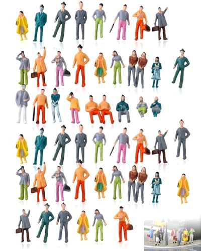 HAPZUR 50 Pièces Miniatures de Personnes Assises et Debout, Différentes Poses, Figurines Colorées, Personnage pour Modelisme, pour Scènes Miniatures (Échelle 1:75)
