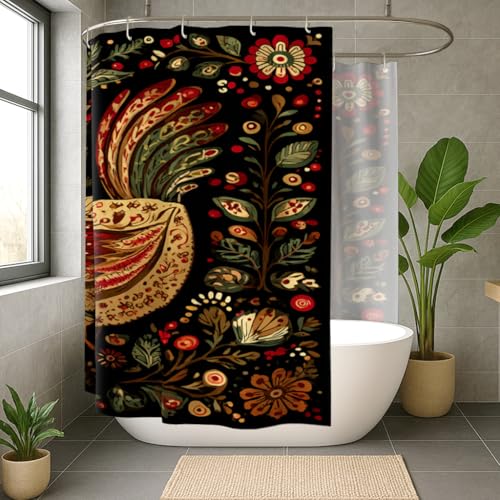 Rideau de douche extra large imperméable noir fleurs bohèmes folk - 4