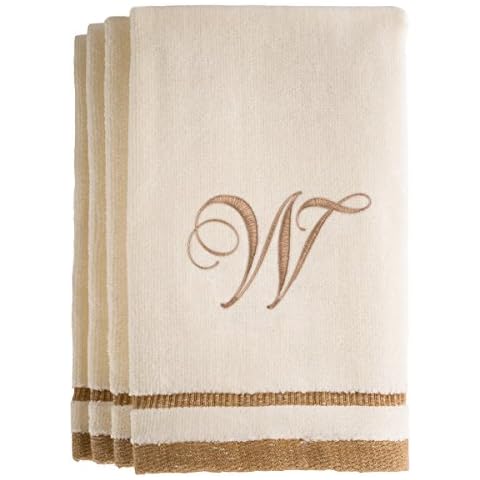 Monogrammed Gifts, Fingertip Towels, 11 x 18 Inches - Set of 4- Decorative Golden Brown Embroidered Towel - Extra Absorbent 100% Cotton- Personalized Gift- for Bathroom/ Kitchen- Initial W (Ivory) Cover