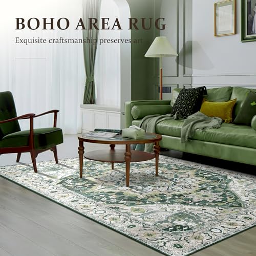 Deerly Green Vintage Area Rug 4x6 Washable Thin Boho Rug for Living Room Bedroom Non-Slip Lightweight Indoor Carpet for Kitchen Entryway Dining Room Office, Green/Multi