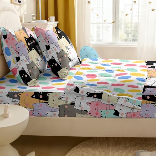 Image of Kids Comforter Set,Zipper Bedding Twin for Girls,Cats Printed Comforter Set with Color Spots Fitted Sheets and Pillowcases for All Season(Cat)