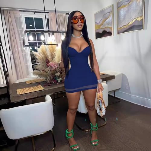 Image of Sexy Bodycon Mini Dress for Women Sweetheart Neck Spaghetti Strap Mesh Hem Party Club Night Out Short Dresses