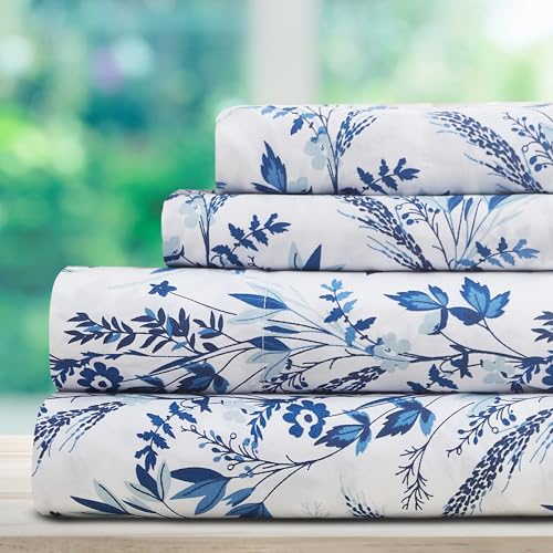 Image of DREAMCARE Full Size Sheets - Cooling Sheets - 4pcs Set - up to 15 inch Deep Pocket Full Sheet Set - Sheets Full Size Bed - Soft & Long Lasting 100% Fine Brushed Polyester with Side Pocket Floral Blue