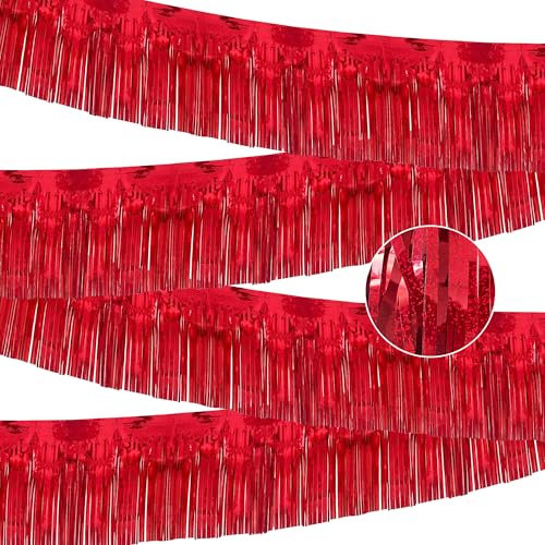Image of 4 Pack 10 Feet Glitter Red Parade Float Decorations for Trailer Car, Glitter Foil Fringe Metallic Tinsel Streamers Banner Garland for Graduation Weeding Homecoming Birthday Party (Glitter- Red)