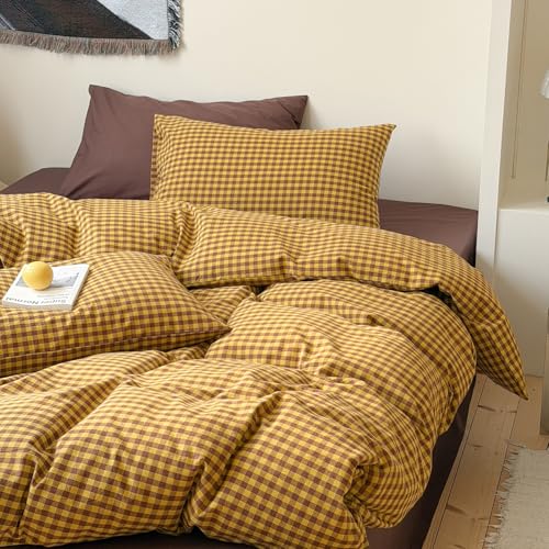 Image of Plaid Duvet Cover Twin Size Yellow Brown Gingham Bedding Set Farmhouse Buffalo Grid Checkered Duvet Cover Set Soft Lightweight Microfiber Quilt Cover with Zipper Closure and 1 Pillowcase