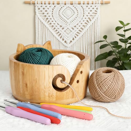 Image of Wooden Pig Yarn Bowl Set, 6.7in x 4.1in Large Yarn Bowl for Crocheting, Complete Crochet Accessories Kit with 12 Size Crochet Hooks, Tape Measure, Counter, Scissors & Storage Bag