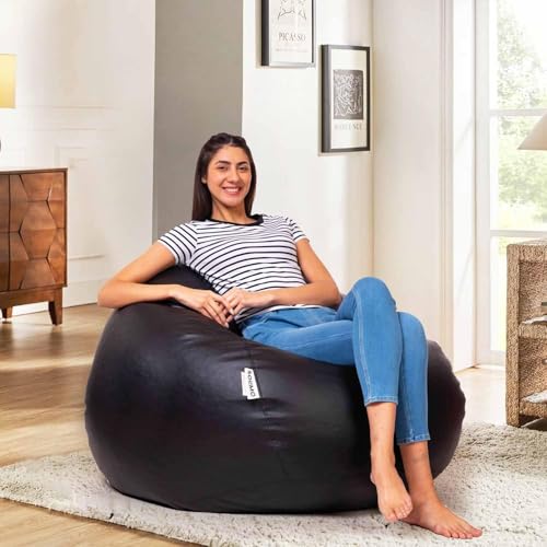 Image of Amazon Brand - Solimo 6XL Premium Faux Leather Bean Bag Filled with Beans for Living Room | Capacity Upto 6'9 inch Height & 135 Kg Weight | Pre-Filled Bean Bags for Office Use (Black)