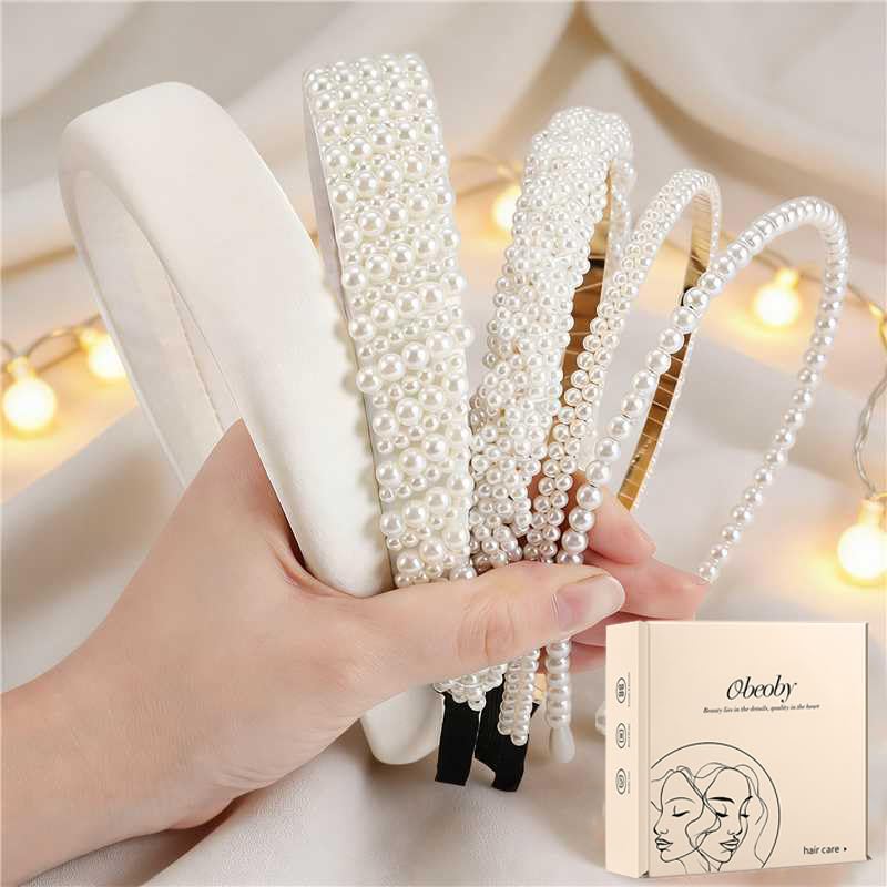 obeoby White Bridal Headbands, 5Pack Pearl Headbands Rhinestones Bridal Wedding Party Shower Gifts Hair Accessories