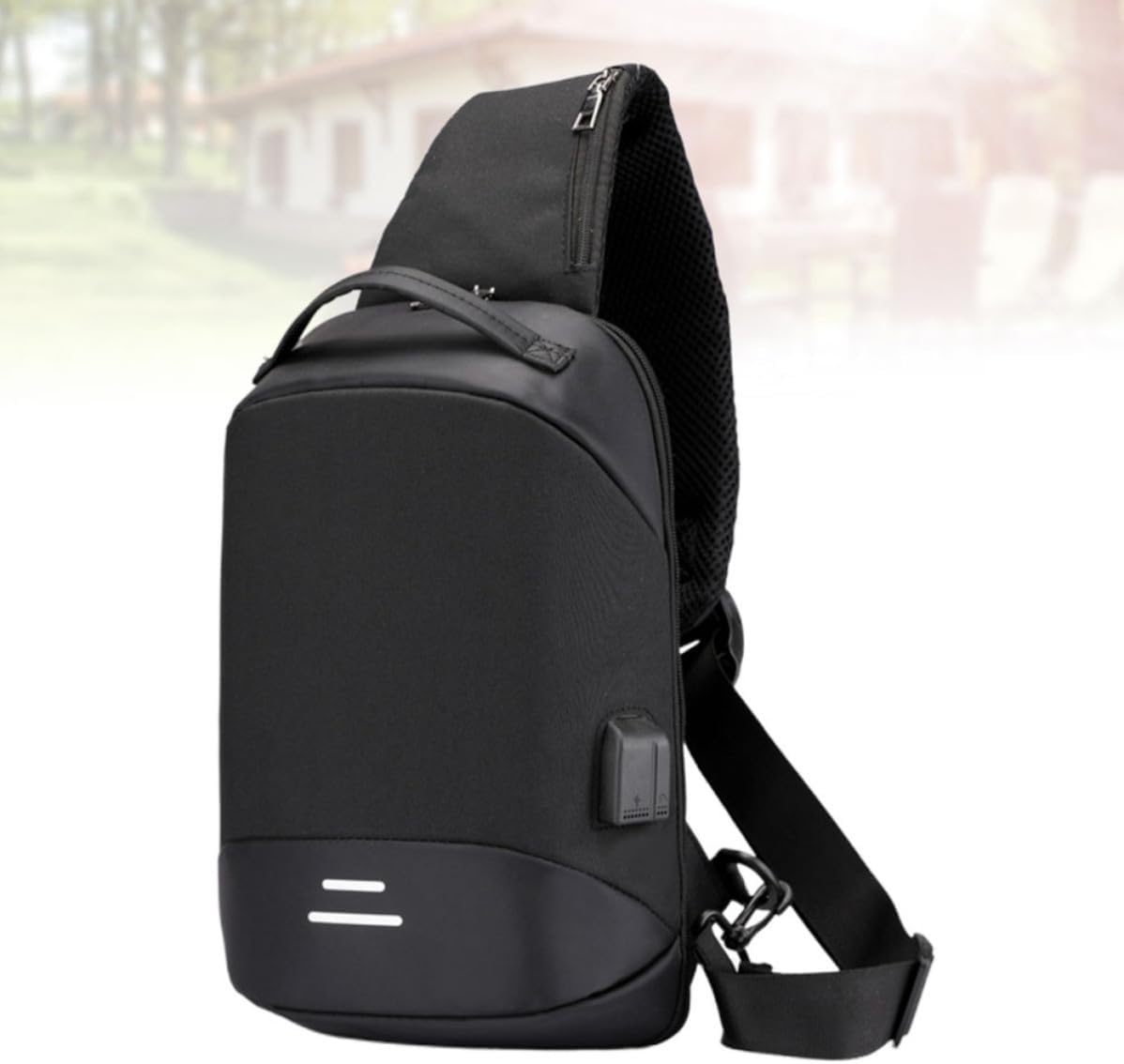 Mikikit Men's Chest Bag Oxford Fabric USB Charging Crossbody Sling Bag