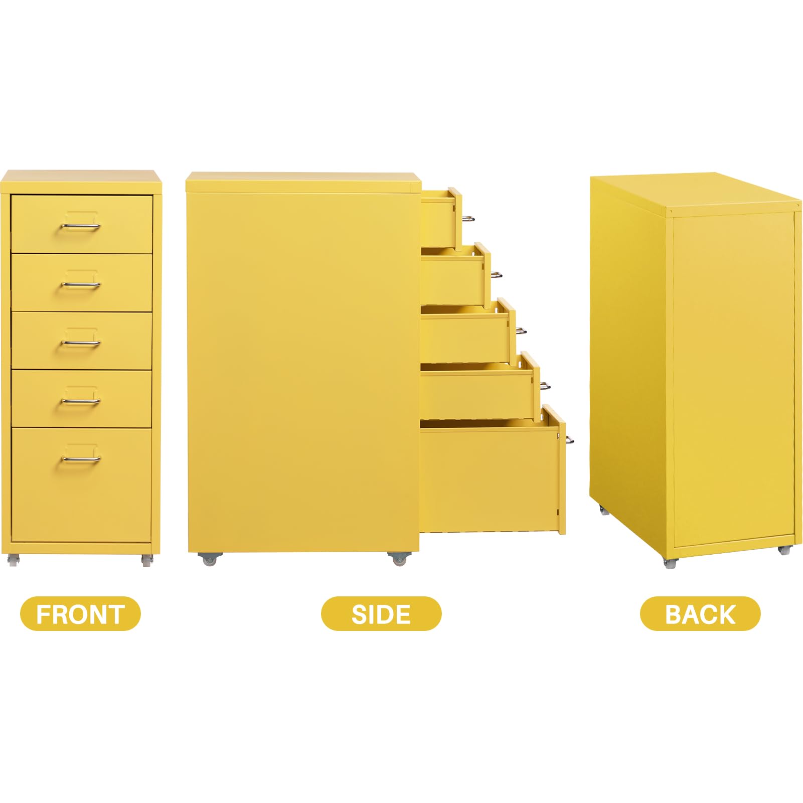 HollyHOME Archivador móvil de 5 cajones, organizador de archivos con ruedas, gabinete de almacenamiento de metal con ruedas para el hogar, la oficina y la escuela,amarillo claro