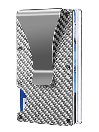 Slim Wallets Carbon Fiber for Men - RFID Blocking Minimalist Aluminum Metal Money Clip Credit Card Holder Wallet (Silver)
