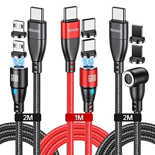 Melonboy Câble de charge magnétique 3 en 1 USB C, 9 broches 60 W PD 3 A, charge rapide, câble de charge magnétique, transfert de données, 2 m, type C, micro USB, Huawei, Xiaomi Cover