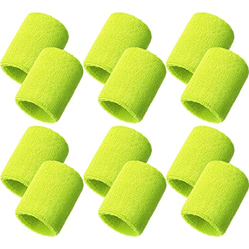 Bememo 12 Pack Wristbands Sweatband for Women Men, Neon Colored Sport Wrist Bands, Tennis Football Basketball Sweatbands, Moisture Wicking Arm Bands for Working Out(3.15 Inch,Fluorescent Yellow)