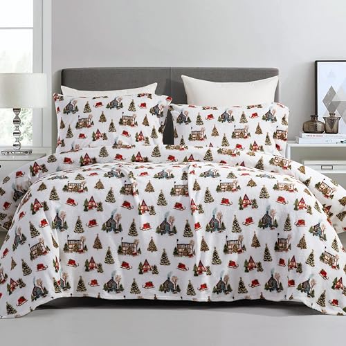 Elegant Comfort Luxuriously Soft 4-Piece Holiday Velvet Plush Flannel Sheet Set - Premium Quality - Cozy Warm, Christmas Fuzzy Velvet Flannel Fleece Deep Pocket Sheet Set - Cal King, Bungalow