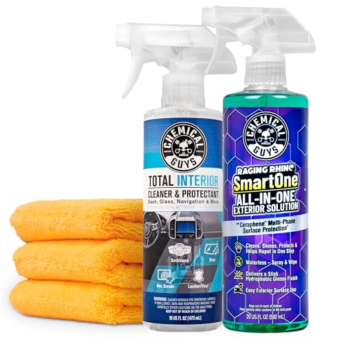 Image of Chemical Guys Raging Rhino Waterless Car Wash And Quick Detailer Spray (20 Fl Oz) With Total Interior Cleaner (16 Fl Oz) & 3 Premium Microfiber Towels - 5 Items