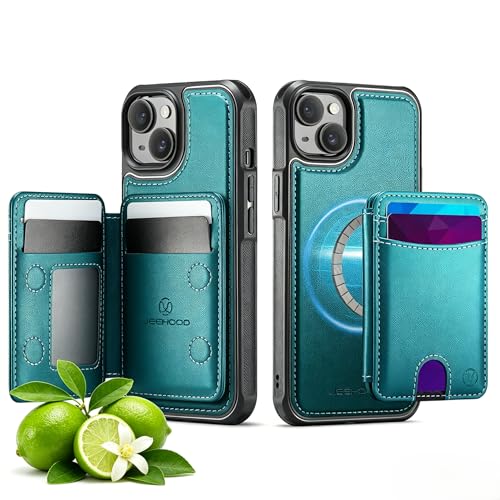 WJXEXRS for iPhone 14 Plus & 15 Plus MagSafe Wallet Case, 2-in-1 Detachable Luxury Card Holder, Universal MagSafe Compatible, RFID Blocking, Shockproof Kickstand Slim Cover，Lime Green by WJXEXRS - Used condition - US$14.35