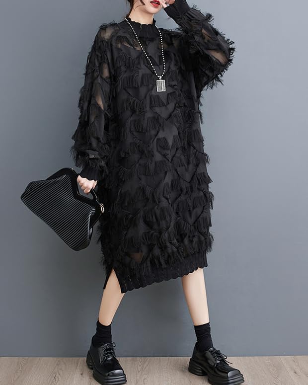 ellazhu Women's Dress Long Sleeve Oversize Split Hem Mesh Midi Length Tassel Solid GZ634 A - Image 3