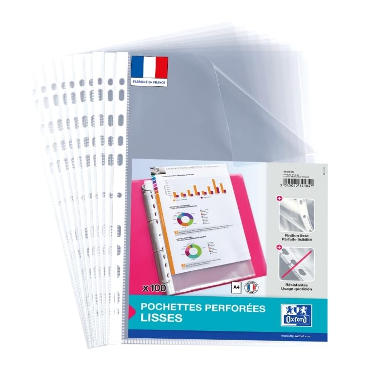 OXFORD 100 Pochettes Plastiques A4 Perforées lisses pour usage régulier