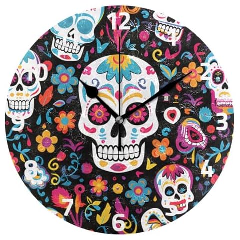 Mnsruu Wall Clocks, Day Of The Dead Skulls Colorful Battery Operated Non Ticking Clock Large 25x25cm Silent Cover