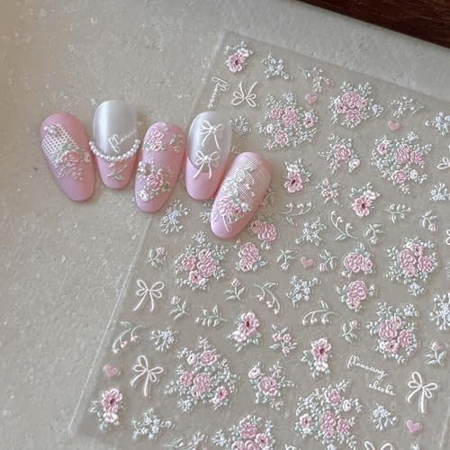 Pink Flowers Nail Stickers Self Adhesive 5D Embossed Nail Art Stickers