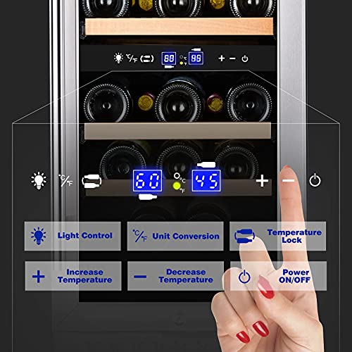 Image of Tylza 15 Inch Wine Fridge, 30 Bottles Dual Zone Wine Cooler Refrigerator, Undercounter or Freestanding, 40-65F, Wine Cabinet with Tempered Glass Door, Wine Cooler for Home, Kitchen, Bar