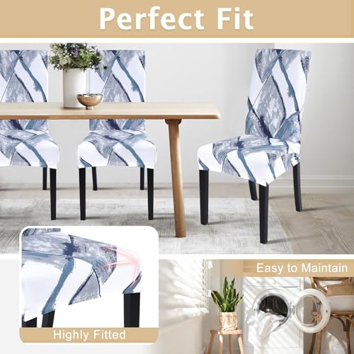 Image of SearchI Printed Dining Room Chair Covers Set of 4, Stretch Kitchen Chair Covers Washable Parsons Chair Slipcover Removable Dining Chair Protectors for Hotel,Ceremony(Blue /White)