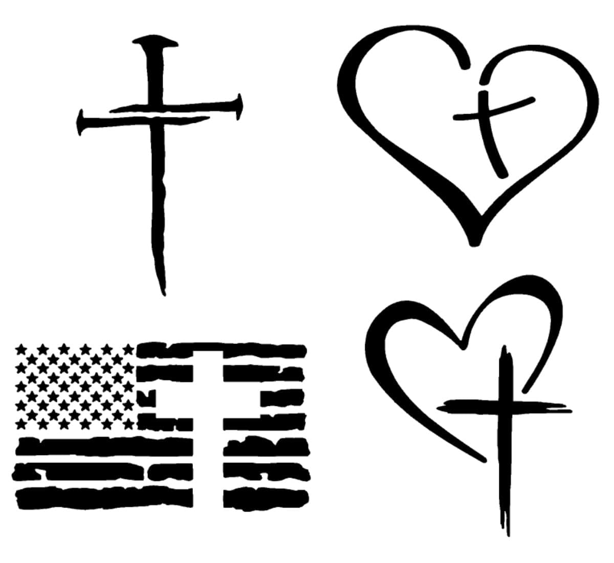 Cross Decal 4 Pack: Cross of Nails, Heart Cross, American Flag Cross, Christian Cross in Heart Decals (Small ~3.5", Black)