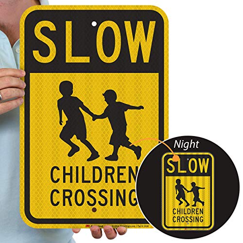 SmartSign - K-5198-HI-12x18 'Slow - Children Crossing' Sign | 12' x 18' 3M High Intensity Grade Reflective Aluminum Black on Yellow