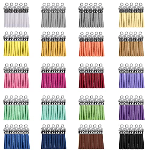 100Pcs Keychain Tassels, BetterJonny 20 Colors Silver Cap Leather Tassel Mini Colored Tassel Crafts Tassels with Loop for DIY Jewelry Making Bookmarks Gifts Pendant Keychain Accessories