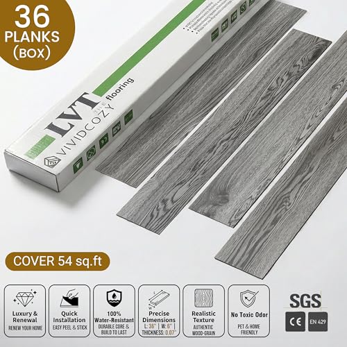 Image of Waterproof Peel and Stick Floor Tile, 54 Sq.Ft Ash Grey Vinyl Wood Flooring, Easy DIY-Install & Durable for Kitchen, Bedroom, Bathroom, RVs, Rental-Friendly (36-Planks 6 inchx36 inch)
