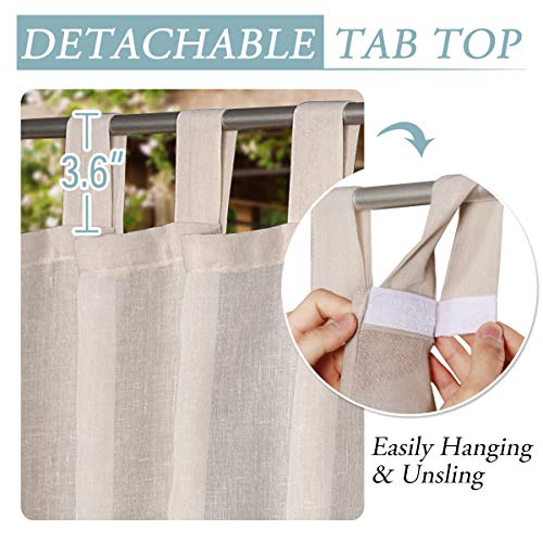 H.VERSAILTEX Outdoor Linen Sheer Curtains for Patio Waterproof - Outdoor Divider Privacy Added Light Filtering Porch Decor with Detachable Self-Stick Tab Top for Gazebo, Natural, 1 Piece, W52 x L108