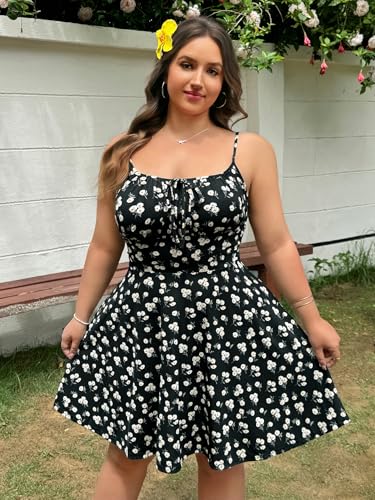 Image of BEAUDRM Women's Plus Size Floral Cami Dress Bow Tie Knot Sleeveless A Line Flared Dresses