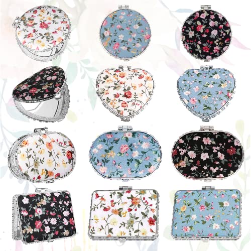 HOINCO 12 PCS Blumendruck Spiegel Taschenspiegel, 4 Stile Retro Doppelseitige Blumendruck Kompakte Kosmetische Werkzeug Tragbare Mini Taschenspiegel Handspiegel Cover