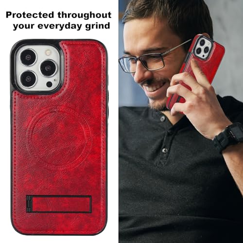 Coque iPhone 13 Pro Max cuir bordeaux compatible charge sans fil MagSafe et béquille intégrée
