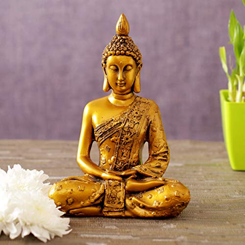 Image of TIED RIBBONS Decorative Buddha Idol Statue Showpiece Decoration Items for Home Decor Living Room Bedroom Pooja Office Desk Table Top Wall Shelf Gifting, 14 cm , 8 cm, Gold