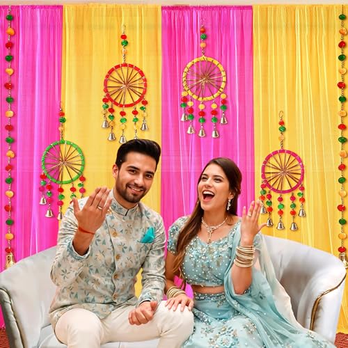 Image of Party Propz Pink and Yellow Backdrop Decoration Set - 17Pcs Haldi Decoration Items for Home Decor, Haldi Decorations Backdrop Set, Background for Pooja Decorations, Wedding Decor (Satin)