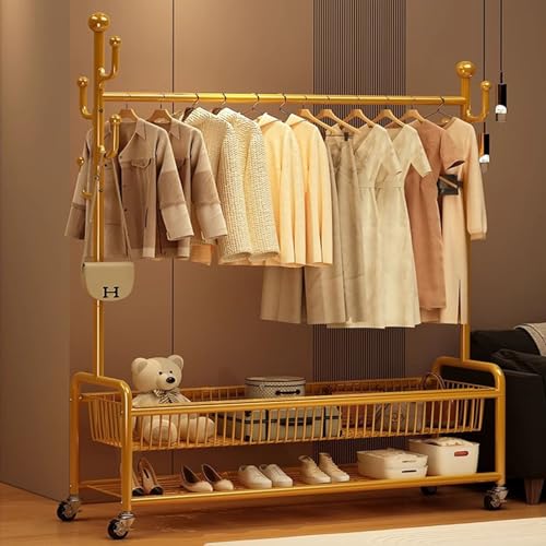 Perchero de metal 4 en 1 con ruedas y cesta de almacenamiento, elegante, portátil, de 60 cm, color dorado