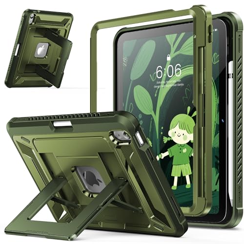 INFILAND Kids Case for iPad A16 11th Generation 11 Inch (2025) iPad 10th Generation 10.9 Inch (2022) Heavy Duty Rugged Shockproof Protective Cover with Kickstand (Military Green)