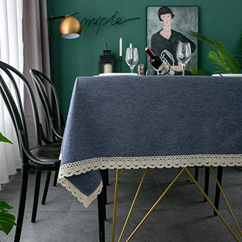Ehousehome Faux Linen Tablecloth With Lace Trim - Waterproof/Spill Proof/Stain Resistant/Wrinkle Free/Oil Proof - For Banquet, Parties,Dinner,Kitchen,Wedding,Holiday,Denim Blue Rectangle 60X84Inch #TOP1